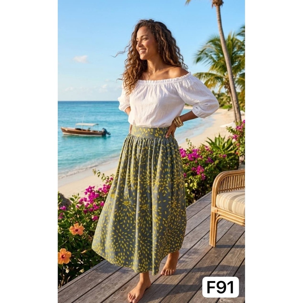 Vintage-Style Maxi Skirt |Yellow & Grey Abstract Floral Burst High Waist 34 XL